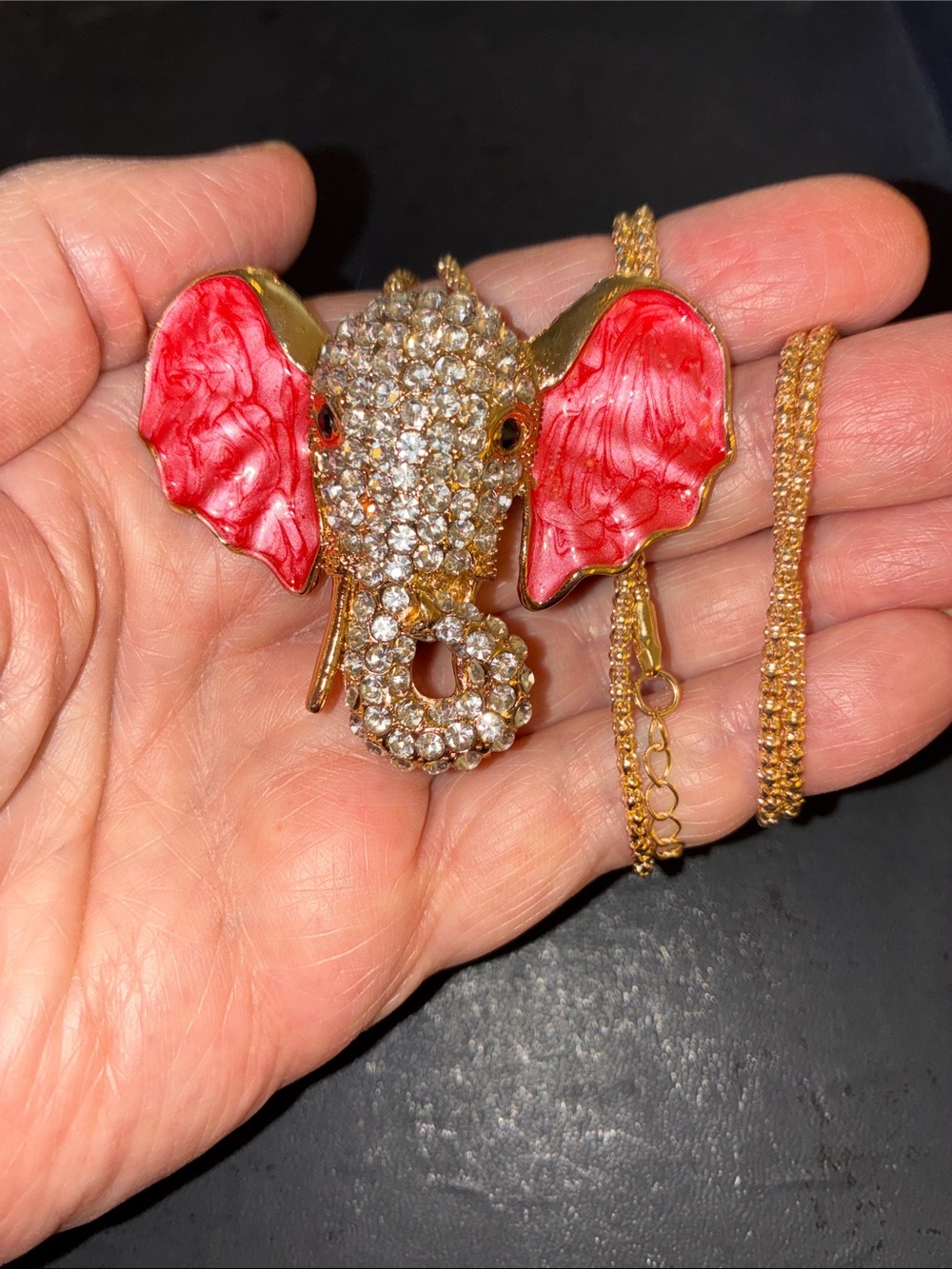 Sparkling Gold Elephant Pendant Necklace with Red Enamel Ears